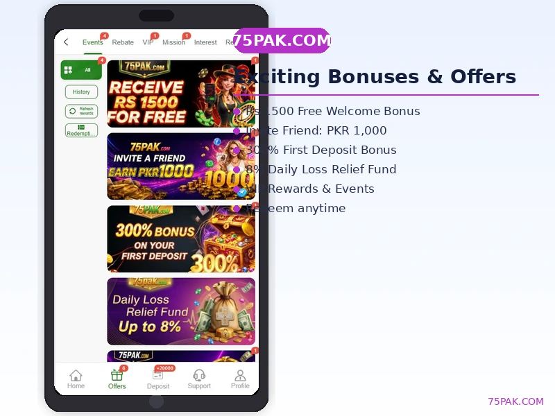 75 Pak Game Events Bonuses 300% Deposit Rs 1500 Free